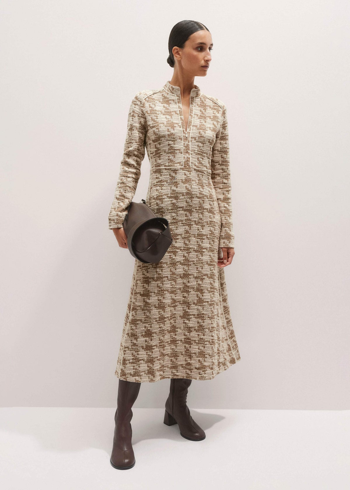 ME+EM Clothing Brown Exaggerated Houndstooth Midi Dress
