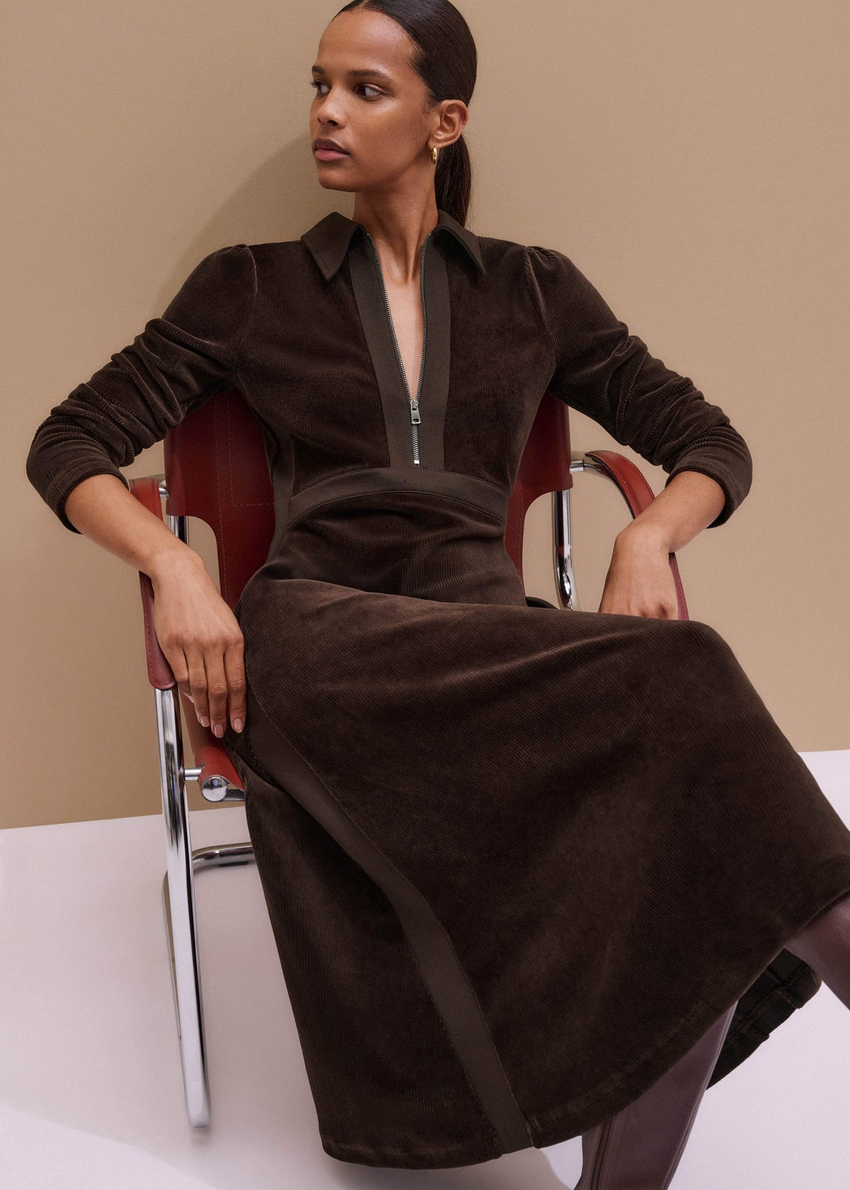 ME+EM Clothing Brown Ponte Collared Cord Velour AM-PM Midi Dress