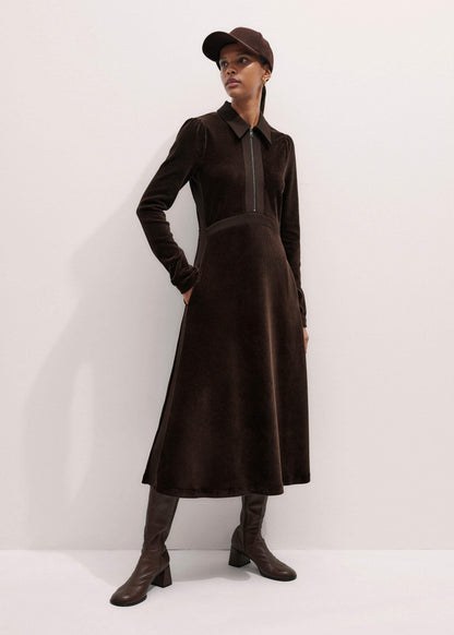 ME+EM Clothing Brown Ponte Collared Cord Velour AM-PM Midi Dress