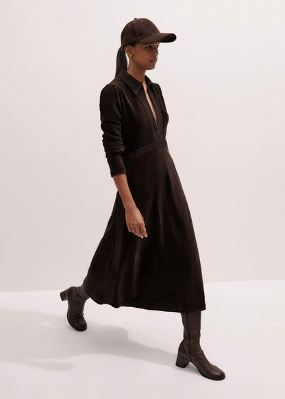 ME+EM Clothing Brown Ponte Collared Cord Velour AM-PM Midi Dress