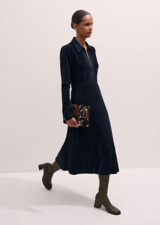 ME+EM Clothing Navy Ponte Collared Cord Velour AM-PM Midi Dress