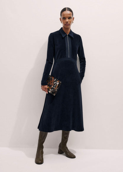 ME+EM Clothing Navy Ponte Collared Cord Velour AM-PM Midi Dress