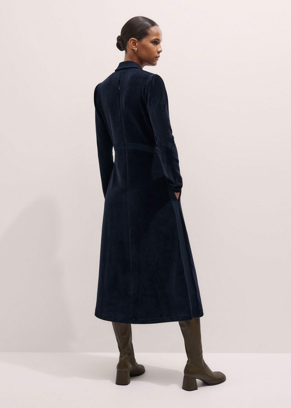 ME+EM Clothing Navy Ponte Collared Cord Velour AM-PM Midi Dress