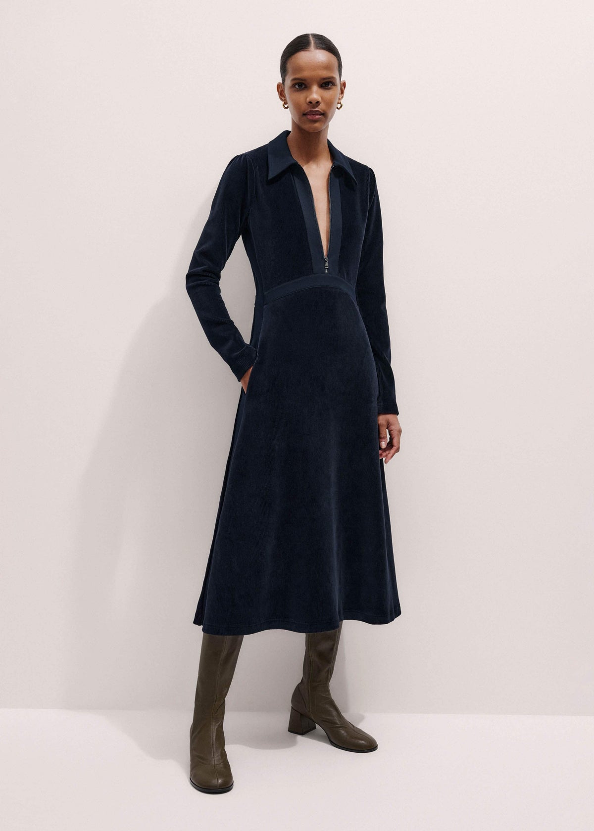 ME+EM Clothing Navy Ponte Collared Cord Velour AM-PM Midi Dress