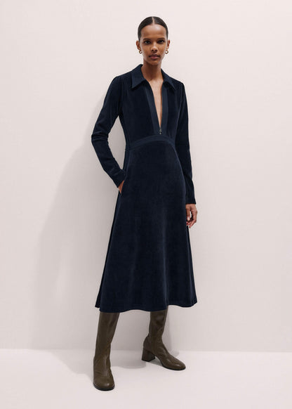 ME+EM Clothing Navy Ponte Collared Cord Velour AM-PM Midi Dress