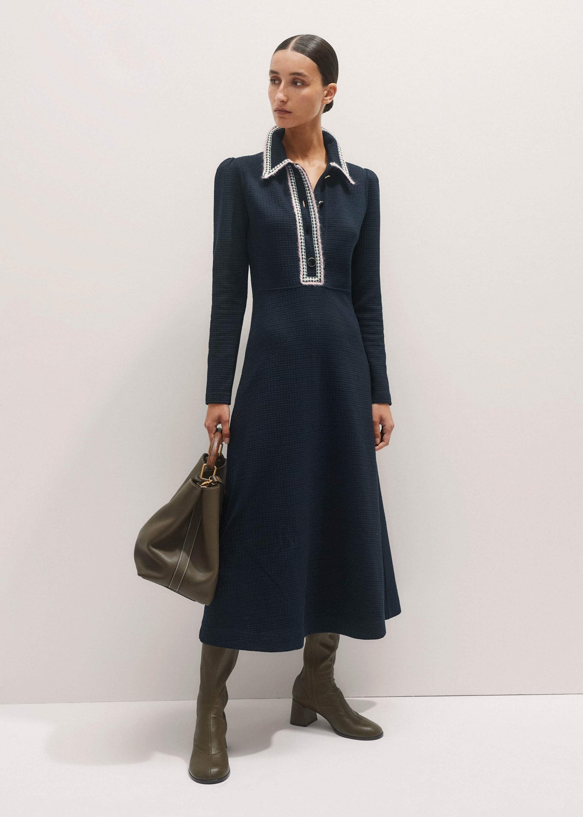 ME+EM Clothing Navy Crochet Trim Fit and Flare Midi Dress