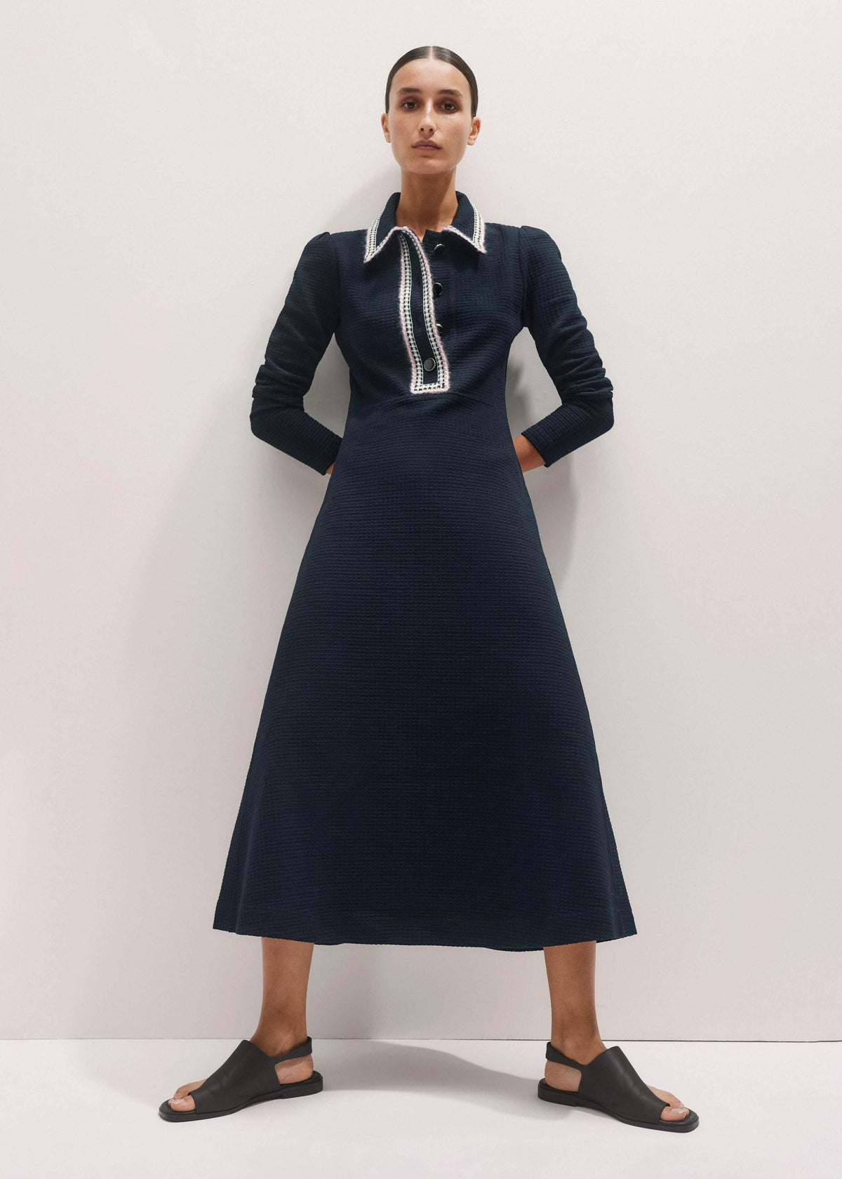 ME+EM Clothing Navy Crochet Trim Fit and Flare Midi Dress