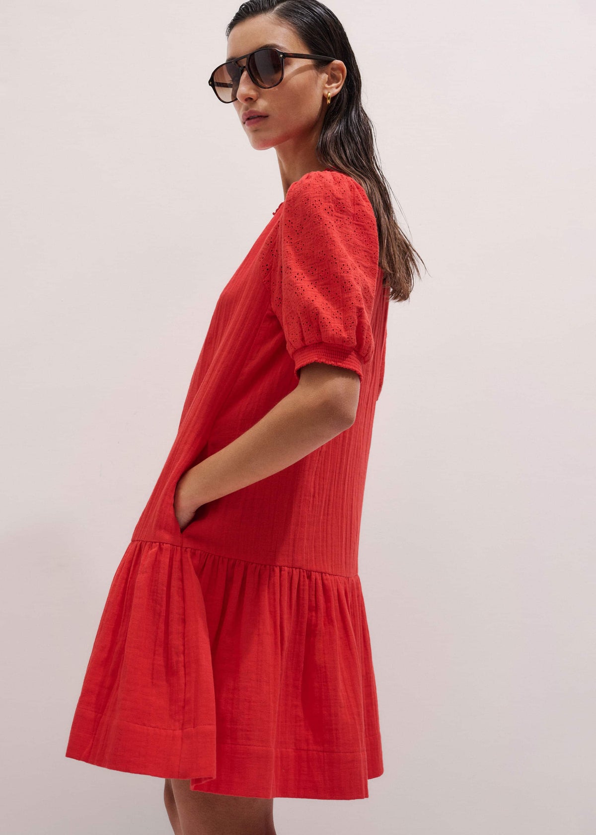 ME+EM Clothing Red Embroidered Cheesecloth Short Dress