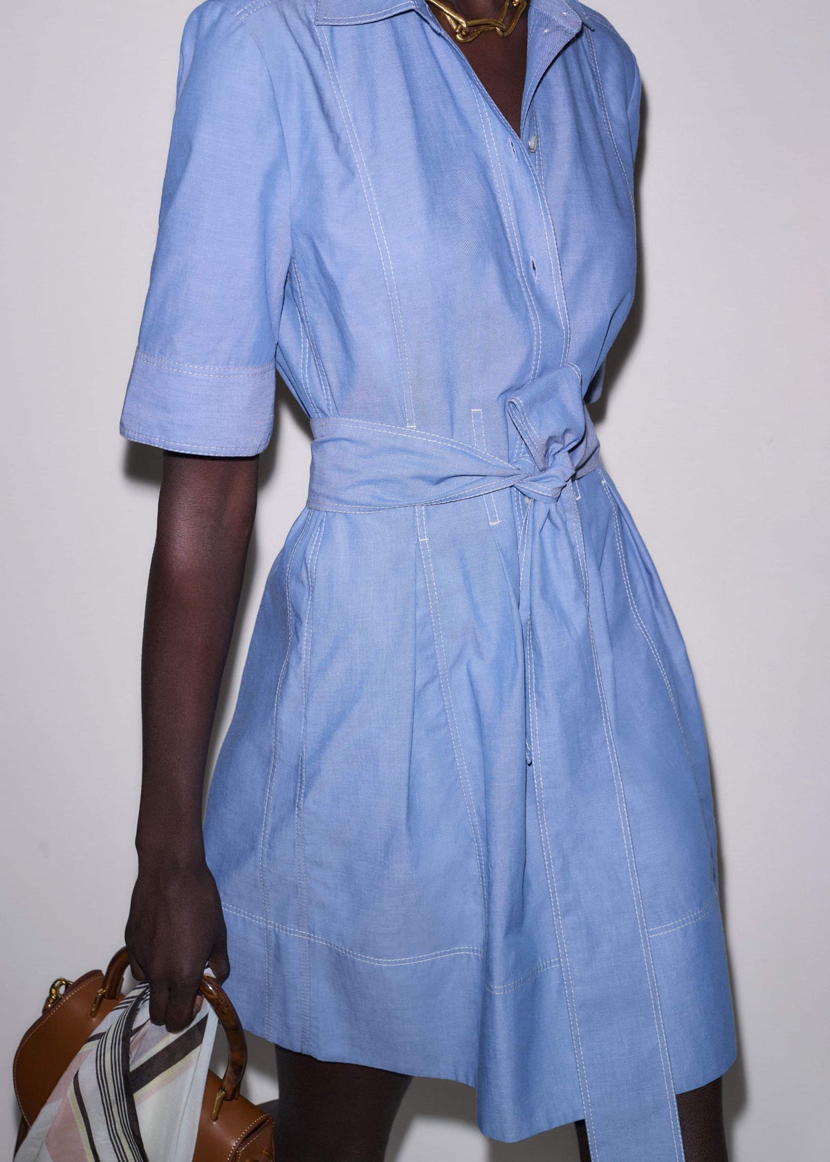 ME+EM Clothing Blue Cotton Chambray Mini Shirt Dress
