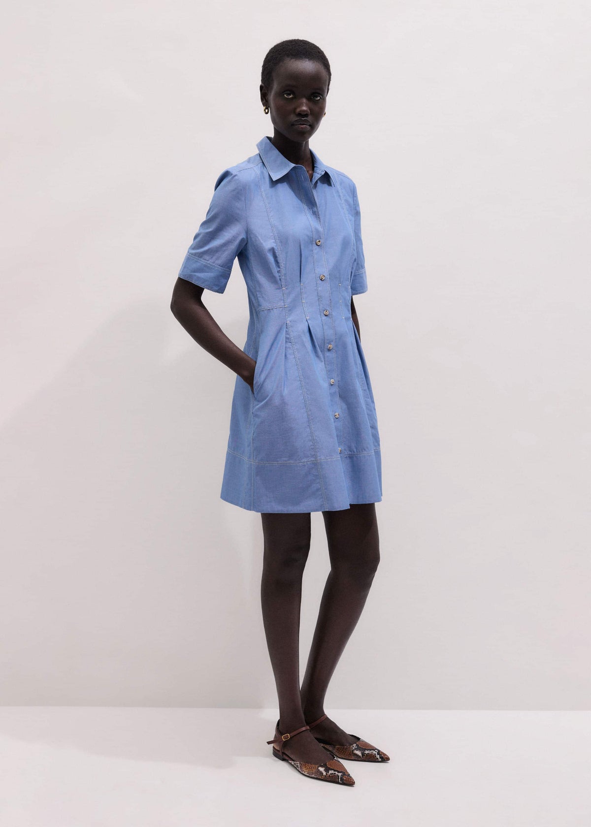 ME+EM Clothing Blue Cotton Chambray Mini Shirt Dress