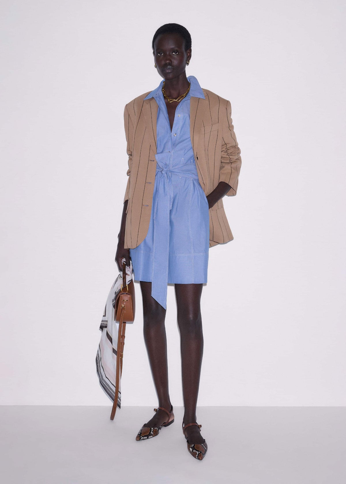 ME+EM Clothing Blue Cotton Chambray Mini Shirt Dress