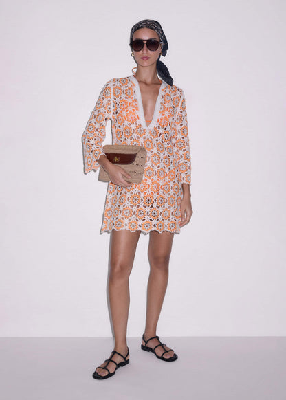 ME+EM Clothing Orange Floral Crochet Mini Beach Dress