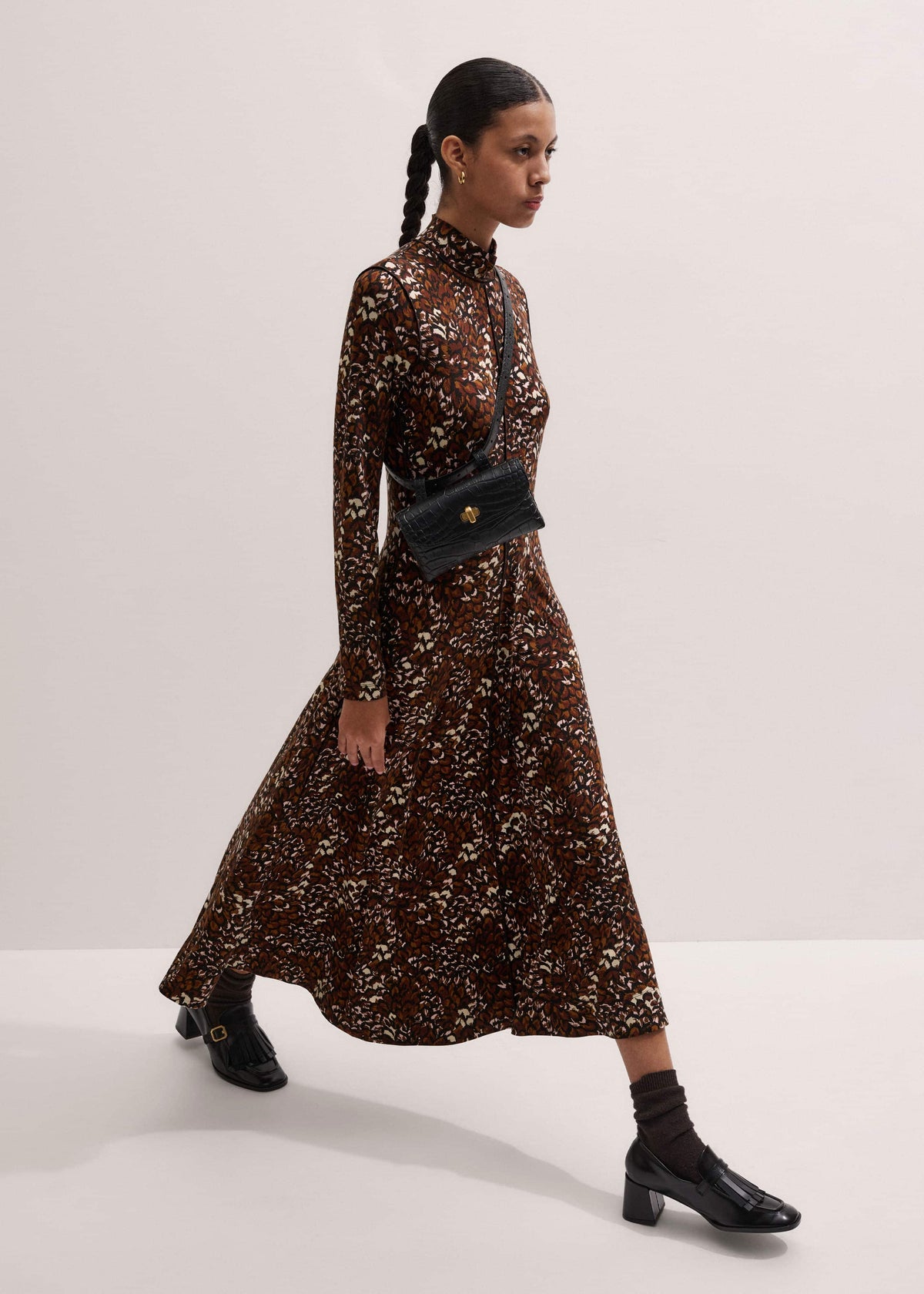 ME+EM Clothing Brown Twisting Feather Print High Neck Maxi Dress