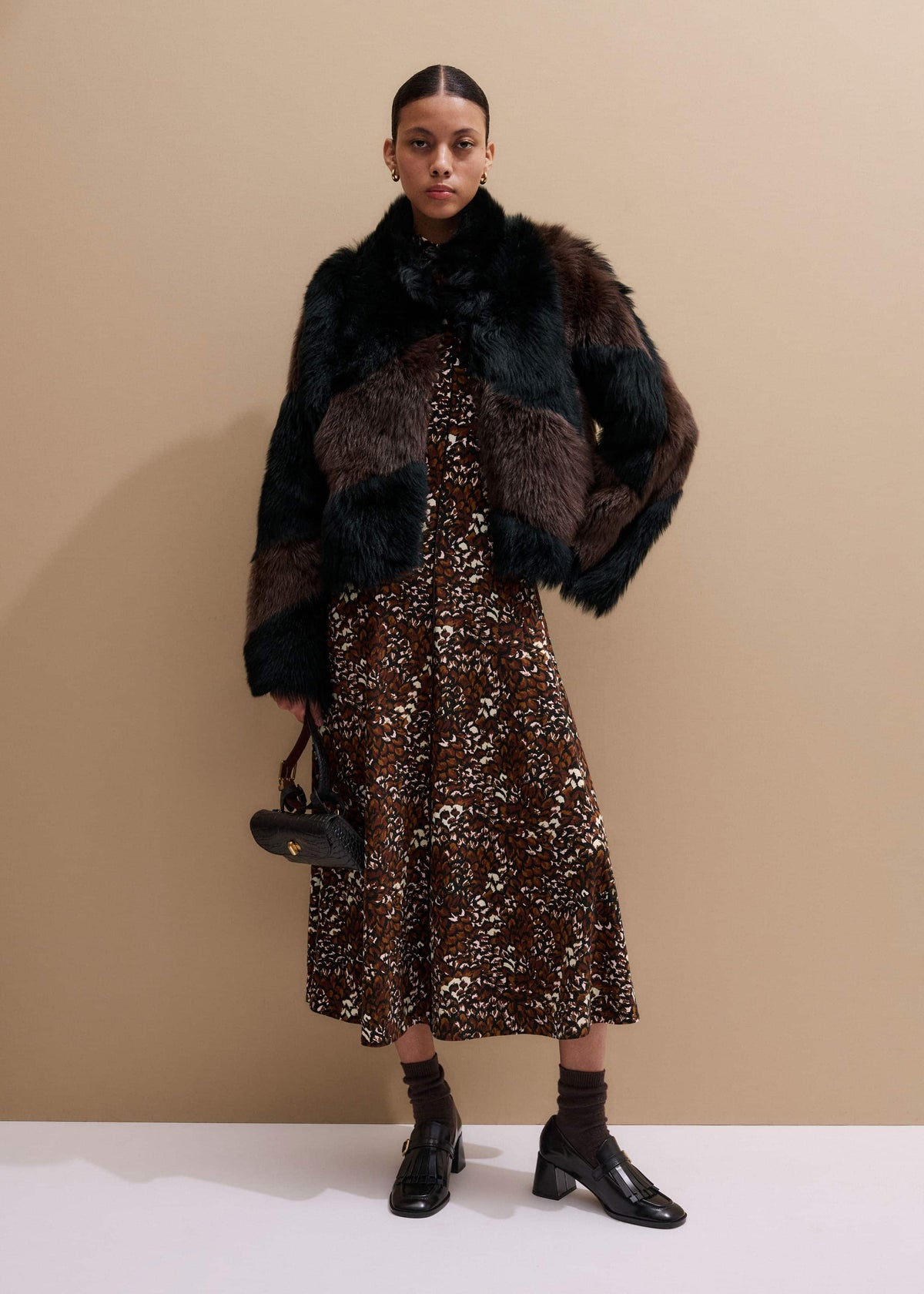 ME+EM Clothing Brown Twisting Feather Print High Neck Maxi Dress
