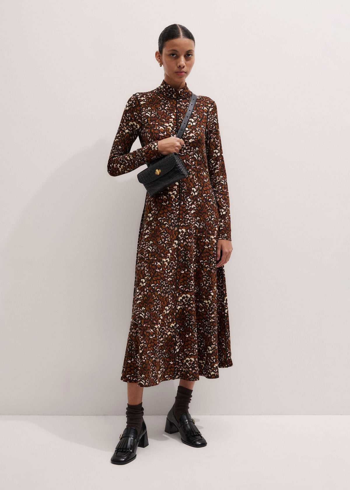 ME+EM Clothing Brown Twisting Feather Print High Neck Maxi Dress