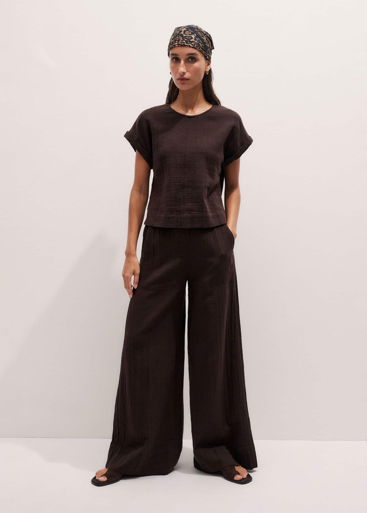 ME+EM Clothing Brown Cheesecloth Wide-Leg Pant