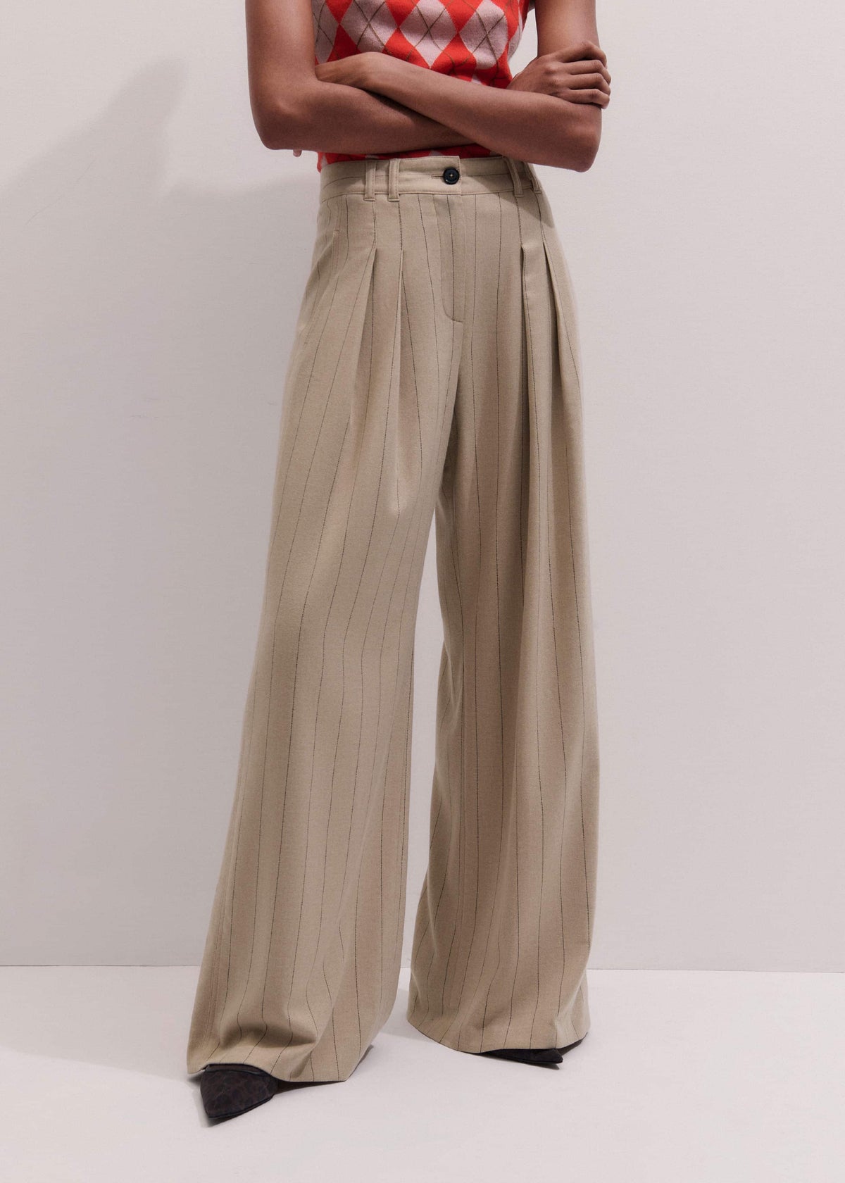 ME+EM Clothing Brown Wide-Leg Double Pleat Pinstripe Pant