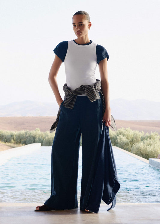 ME+EM Clothing Navy Cheesecloth Wide-Leg Pant
