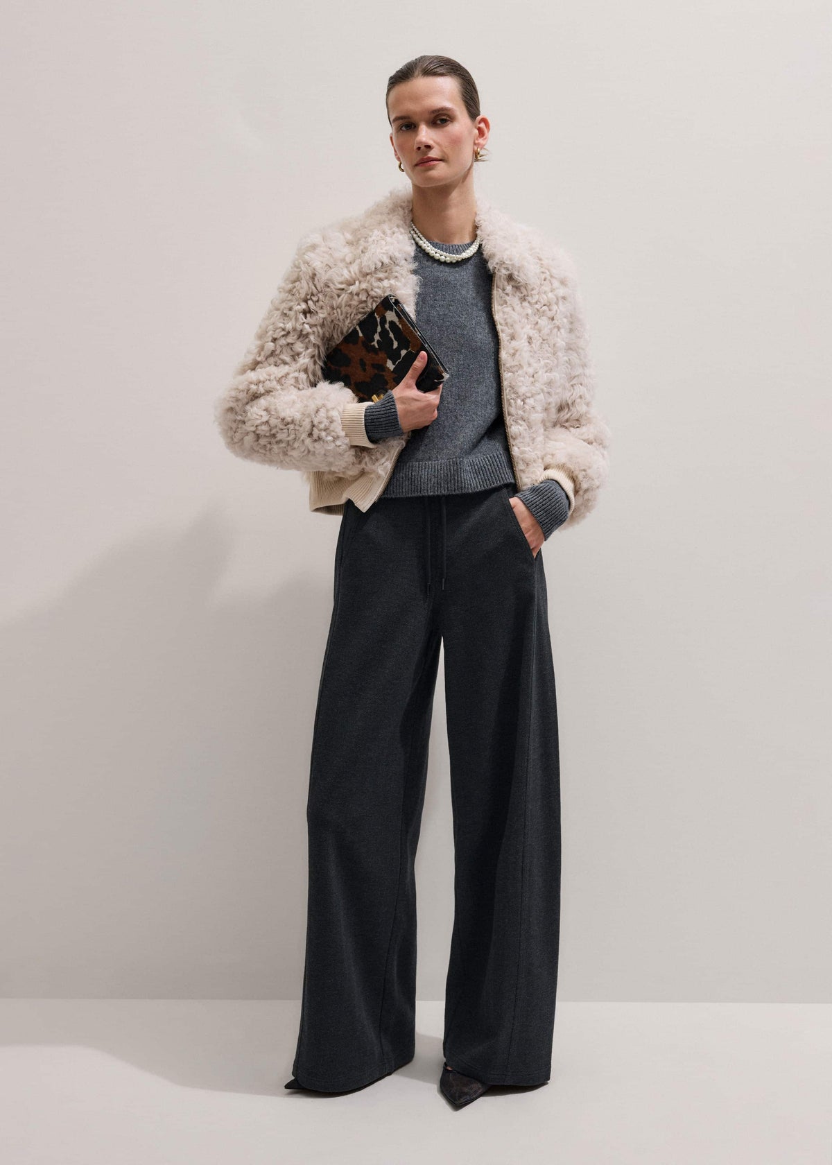 ME+EM Clothing Gray Herringbone Barrel-Leg Pant