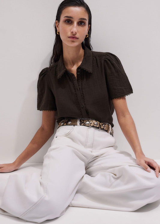 ME+EM Clothing Brown Cheesecloth Trim Detail Blouse