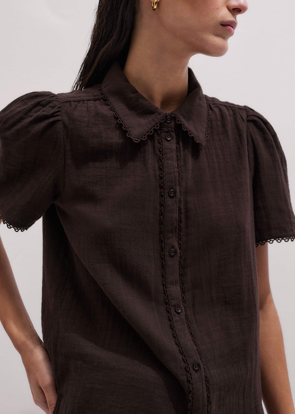 ME+EM Clothing Brown Cheesecloth Trim Detail Blouse