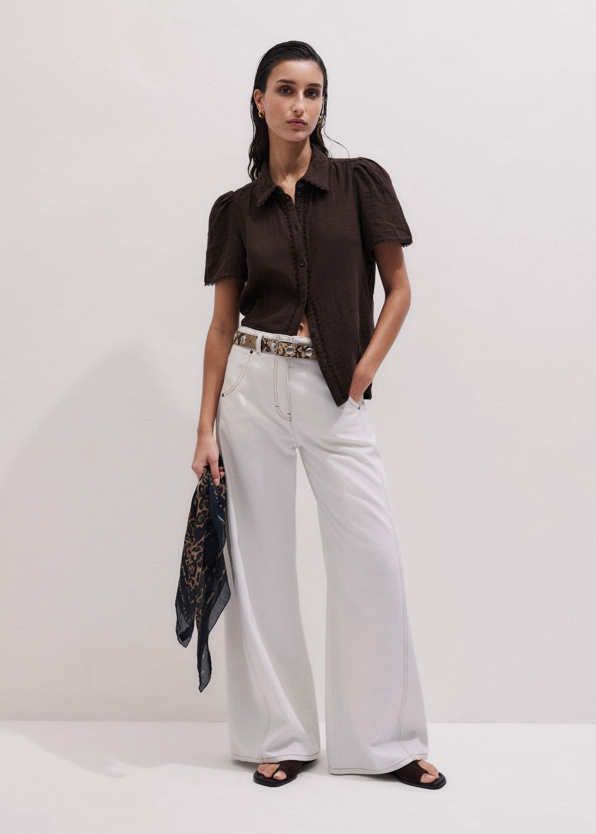 ME+EM Clothing Brown Cheesecloth Trim Detail Blouse