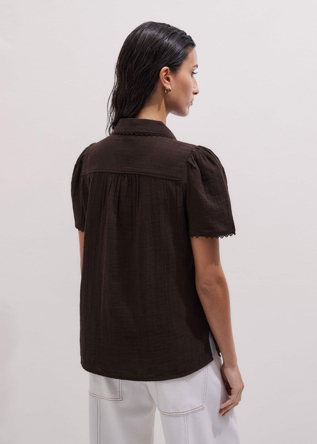 ME+EM Clothing Brown Cheesecloth Trim Detail Blouse