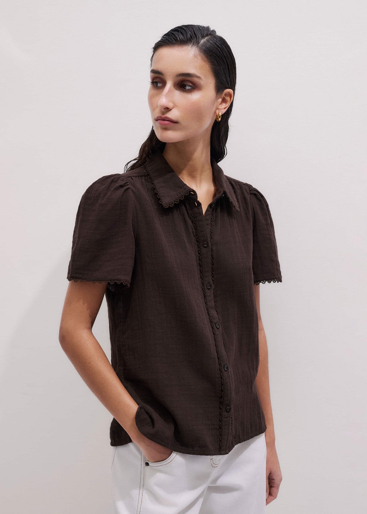 ME+EM Clothing Brown Cheesecloth Trim Detail Blouse