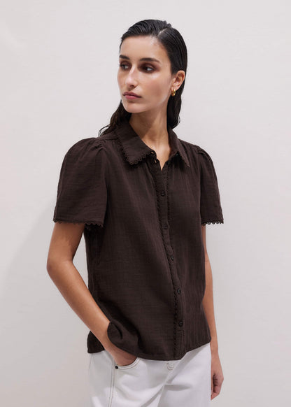 ME+EM Clothing Brown Cheesecloth Trim Detail Blouse