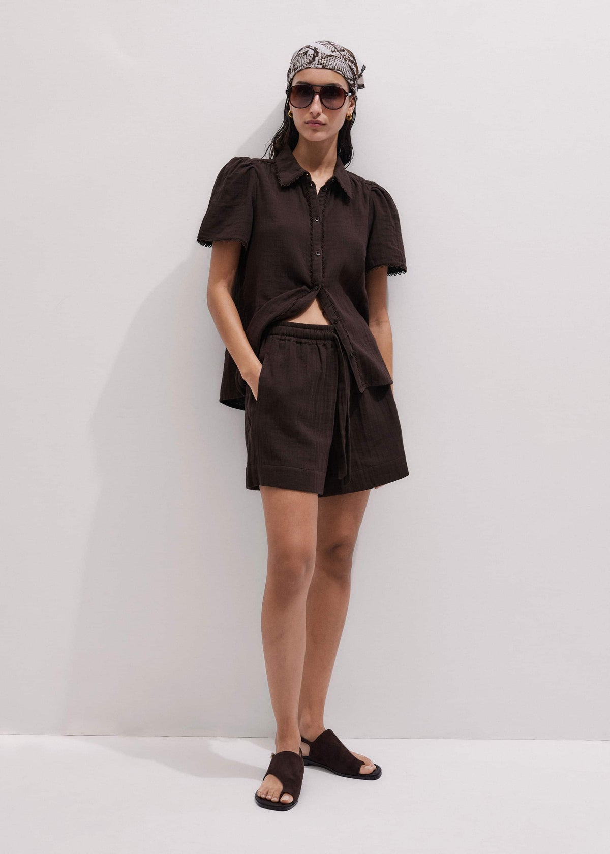 ME+EM Clothing Brown Cheesecloth Trim Detail Blouse