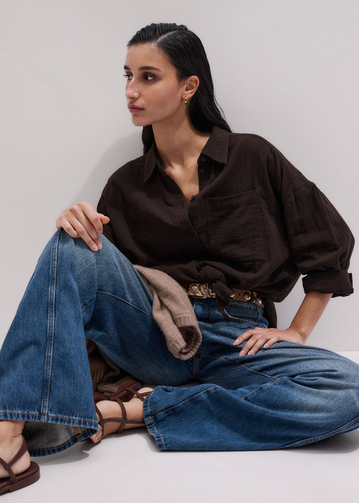 ME+EM Clothing Brown Cheesecloth Relaxed Summer Shirt