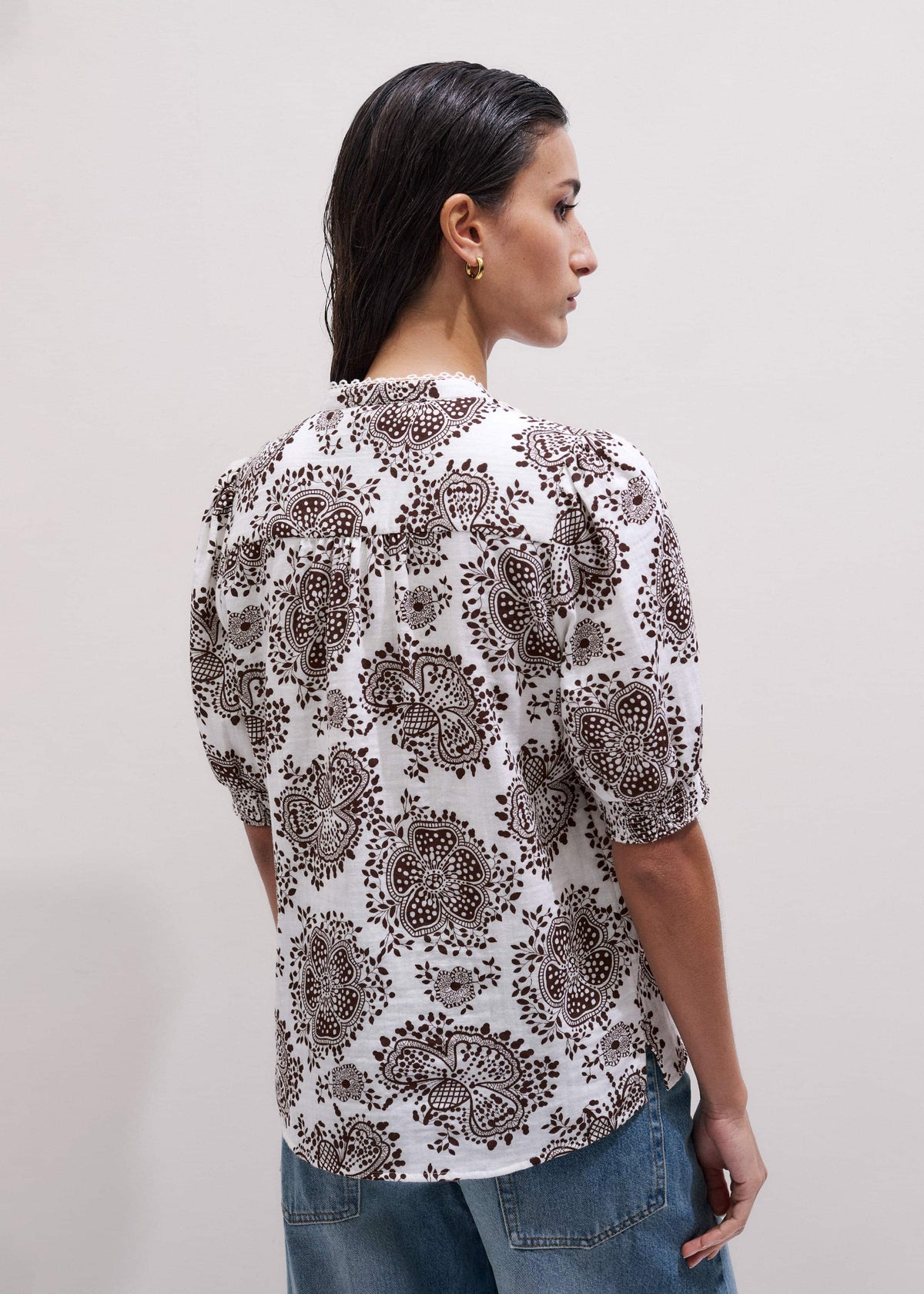 ME+EM Clothing White Cheesecloth In-Full-Bloom Print Straight Blouse