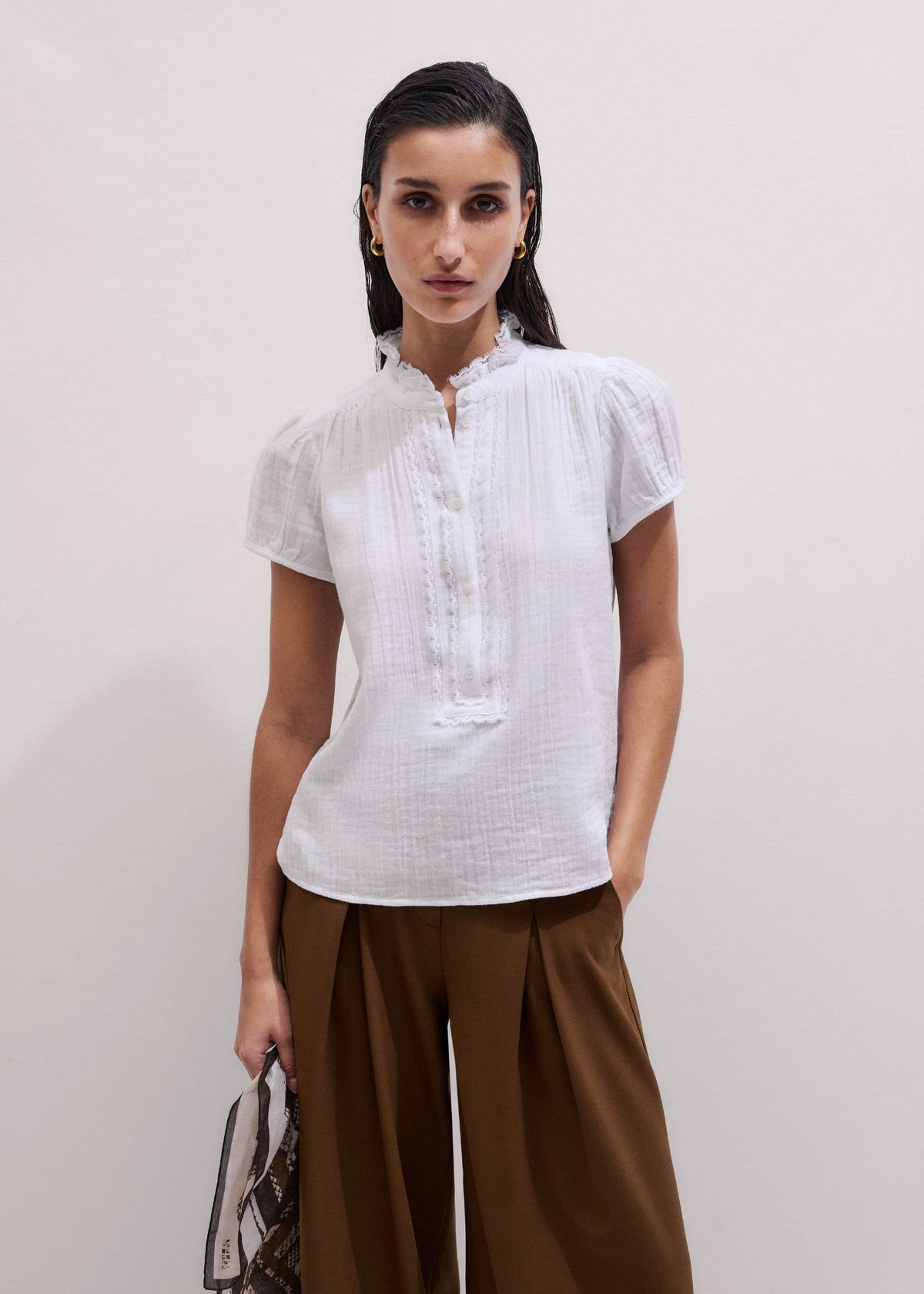 ME+EM Clothing White Straight Cheesecloth Cap-Sleeve Blouse