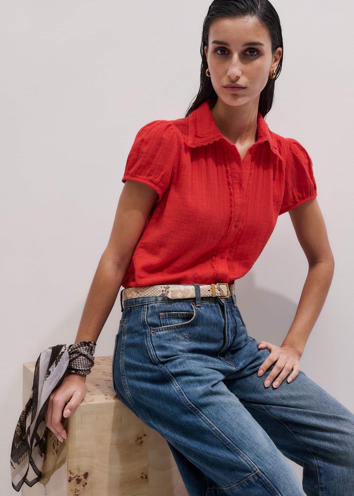 ME+EM Clothing Red Cheesecloth Cap-Sleeve Blouse