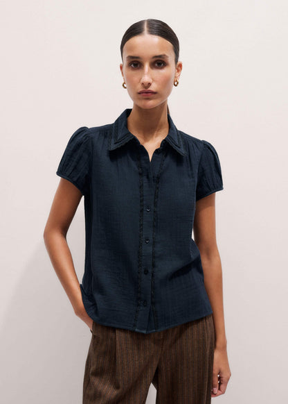 ME+EM Clothing Navy Cheesecloth Cap-Sleeve Blouse