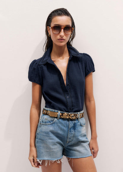 ME+EM Clothing Navy Cheesecloth Cap-Sleeve Blouse