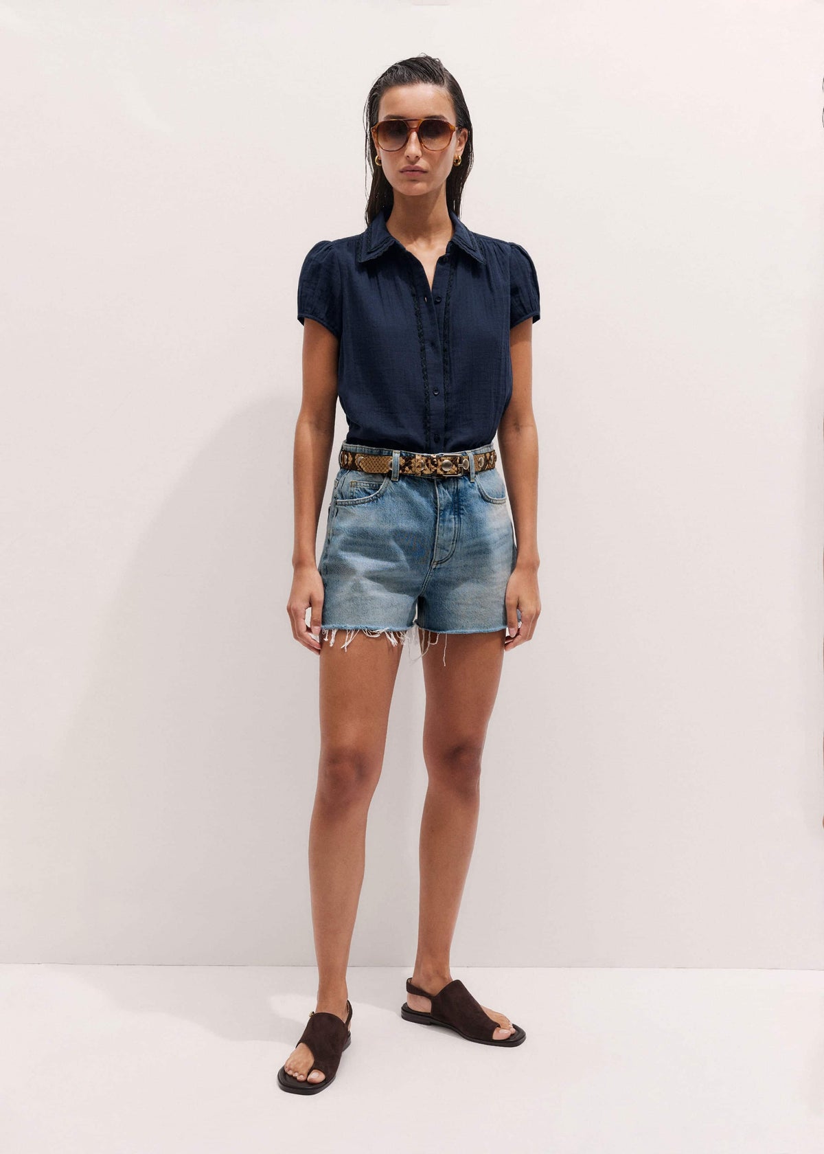 ME+EM Clothing Navy Cheesecloth Cap-Sleeve Blouse
