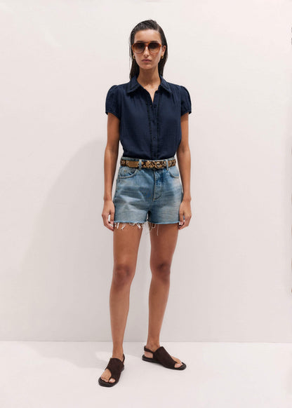 ME+EM Clothing Navy Cheesecloth Cap-Sleeve Blouse
