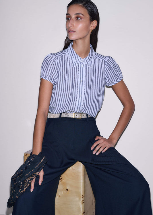 ME+EM Clothing Navy Cheesecloth Stripe Cap-Sleeve Blouse