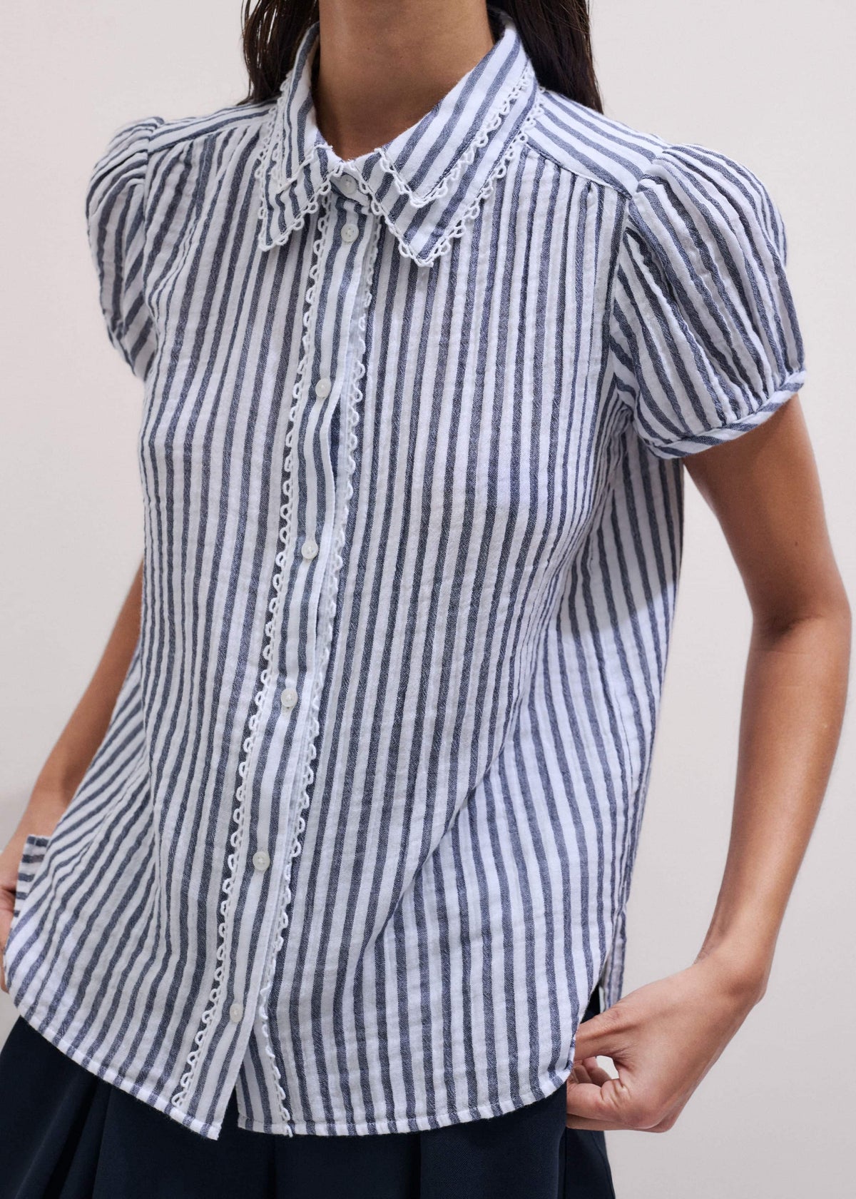 ME+EM Clothing Navy Cheesecloth Stripe Cap-Sleeve Blouse