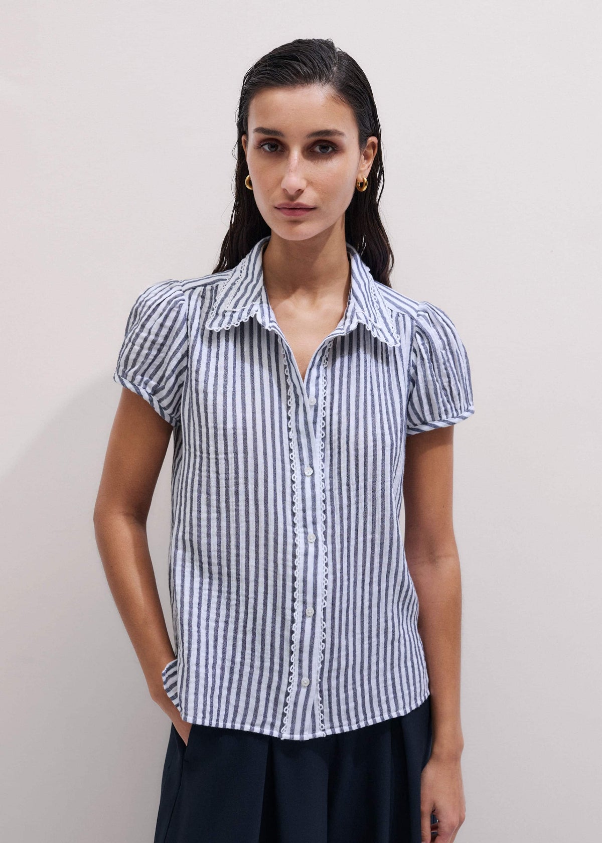 ME+EM Clothing Navy Cheesecloth Stripe Cap-Sleeve Blouse