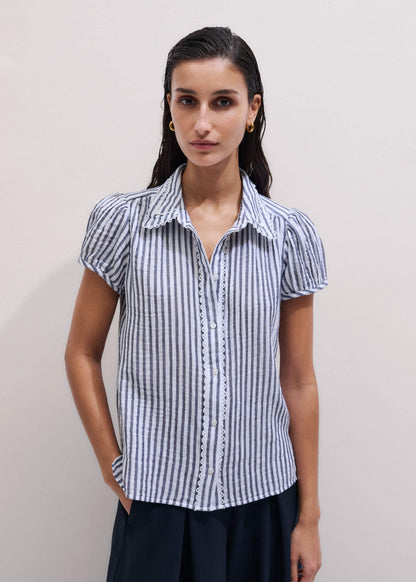 ME+EM Clothing Navy Cheesecloth Stripe Cap-Sleeve Blouse