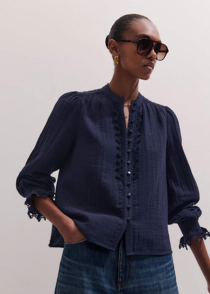 ME+EM Clothing Navy Cheesecloth Intricate Detail Blouse