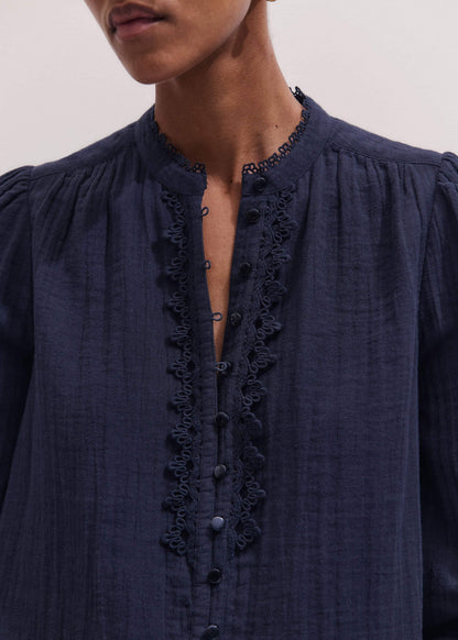 ME+EM Clothing Navy Cheesecloth Intricate Detail Blouse