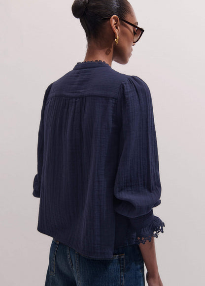 ME+EM Clothing Navy Cheesecloth Intricate Detail Blouse