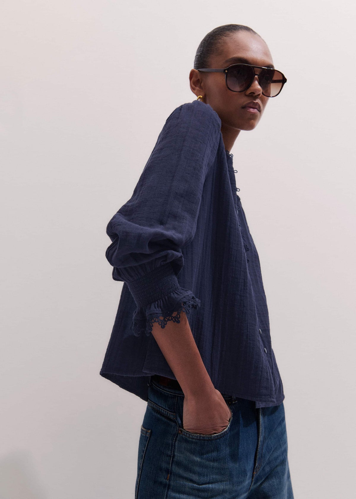 ME+EM Clothing Navy Cheesecloth Intricate Detail Blouse