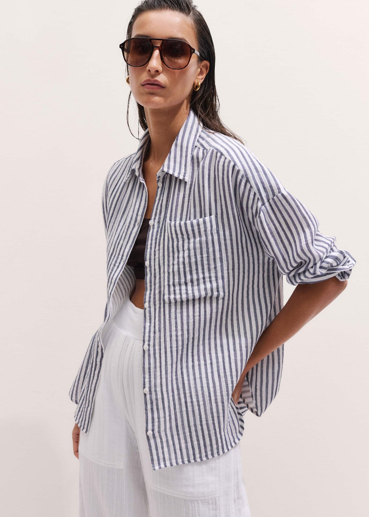 ME+EM Clothing Navy Cheesecloth Relaxed Stripe Shirt
