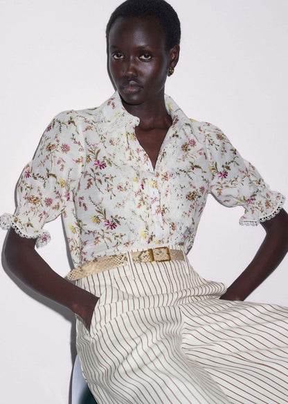 ME+EM Clothing Cream Silk Cotton Wild Spring Floral Print Blouse