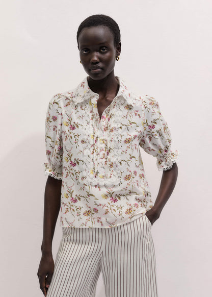 ME+EM Clothing Cream Silk Cotton Wild Spring Floral Print Blouse