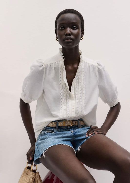 ME+EM Clothing White Silk + Cotton Pintuck Detail Straight Blouse